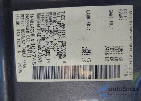 2020 Nissan Altima Sr Fwd из США, поврежденный, VIN 1N4BL4CV8LN302745